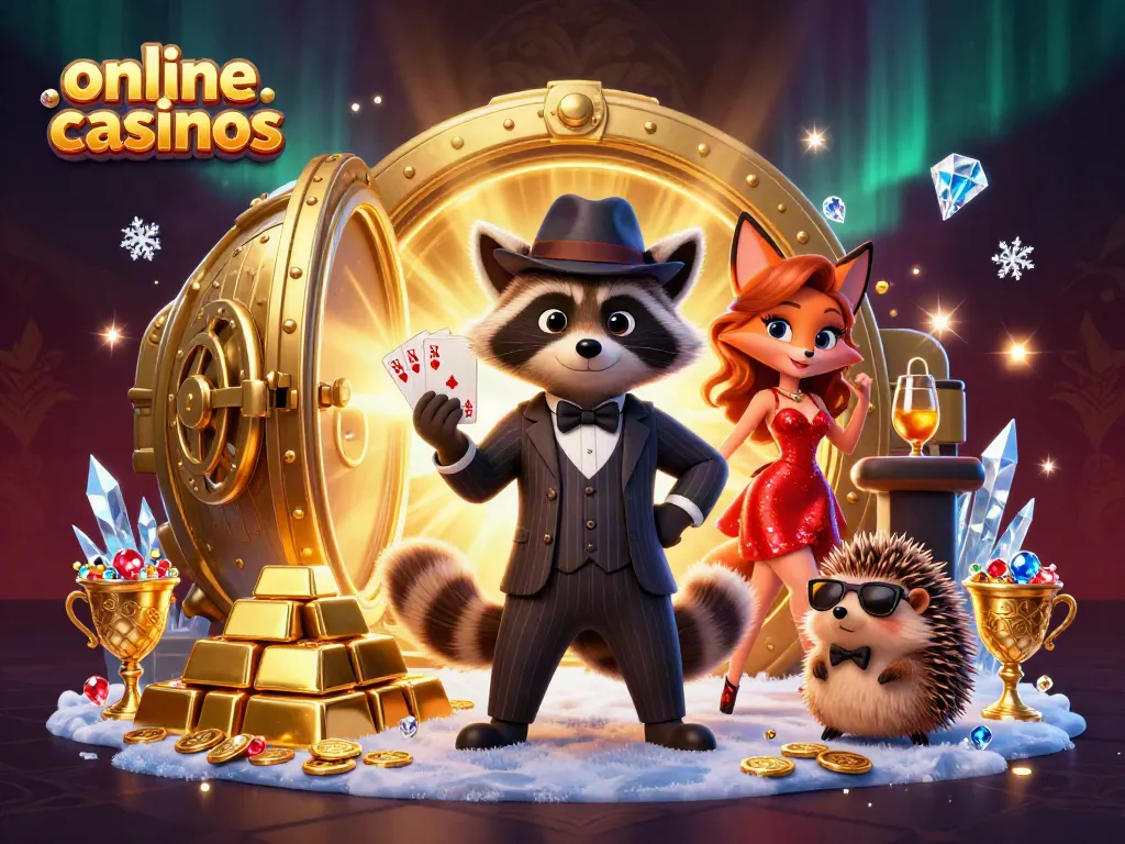 Engage with elite online casinos featuring a suave raccoon in a royal flush, alongside glamorous companions amidst treasures.