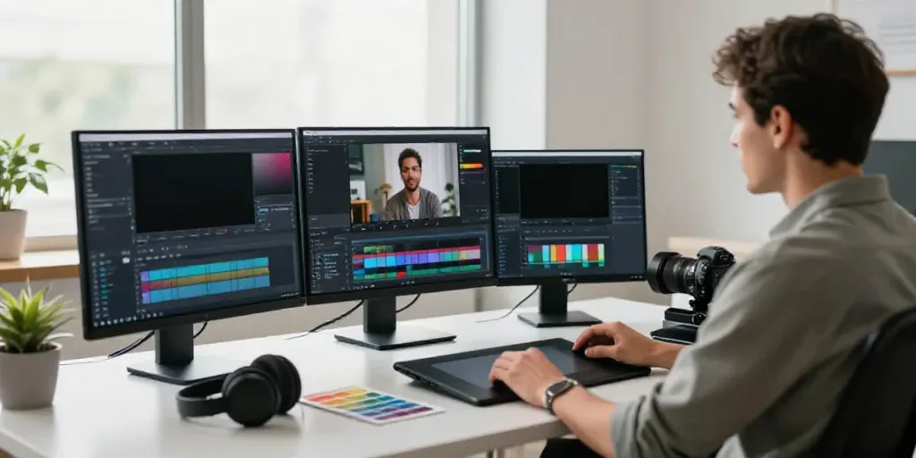 Professional using an AI video creation tool in a modern workspace, showcasing vibrant editing software and creative tools.