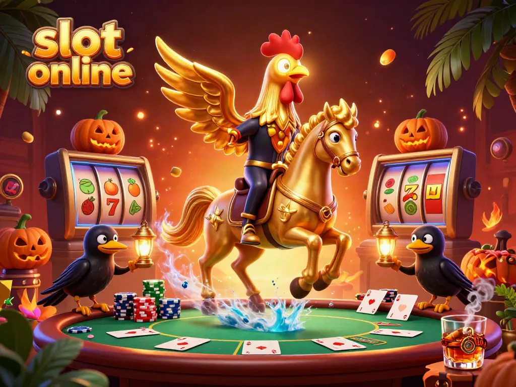 Experience the thrill of slot online games with an illustration of a golden rooster in a casino.