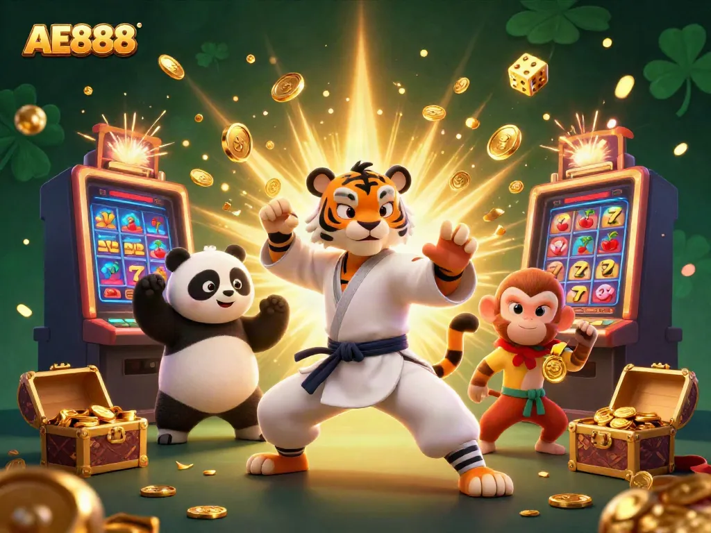 Experience exciting wins at AE888 with a colorful casino scene featuring a kung fu tiger, panda disciple, and mischievous monkey!