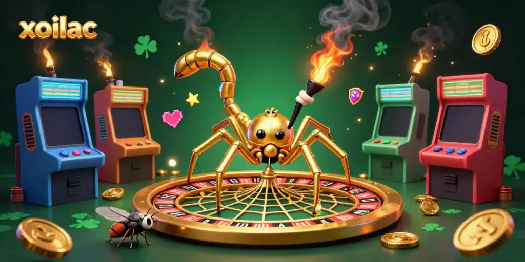 Xoilac spins a golden roulette wheel web, showcasing thrilling bets in a vibrant casino scene.