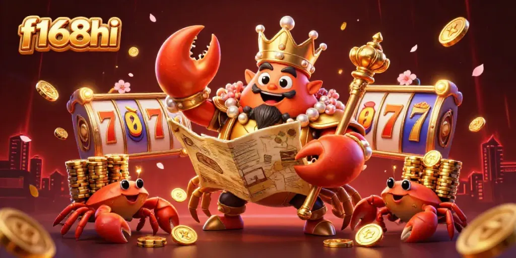 Experience winning at f168hi with a dynamic scene of a golden crab emperor surrounded by vibrant slot symbols.