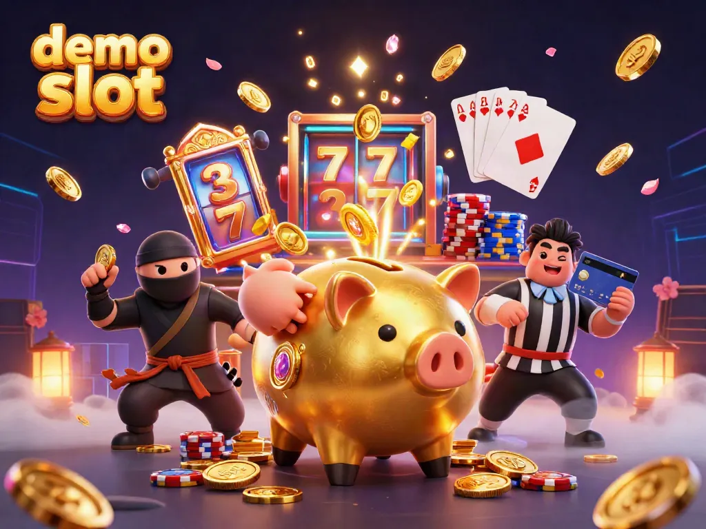 Experience the thrilling action of demo slots with a dynamic 3D illustration showcasing colorful characters and vibrant casino elements.