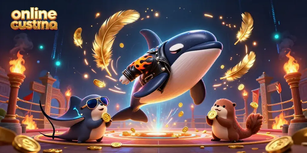 Experience the action of online casino Australia with a lively illustration of a whale, stingray, and otters amidst casino elements.