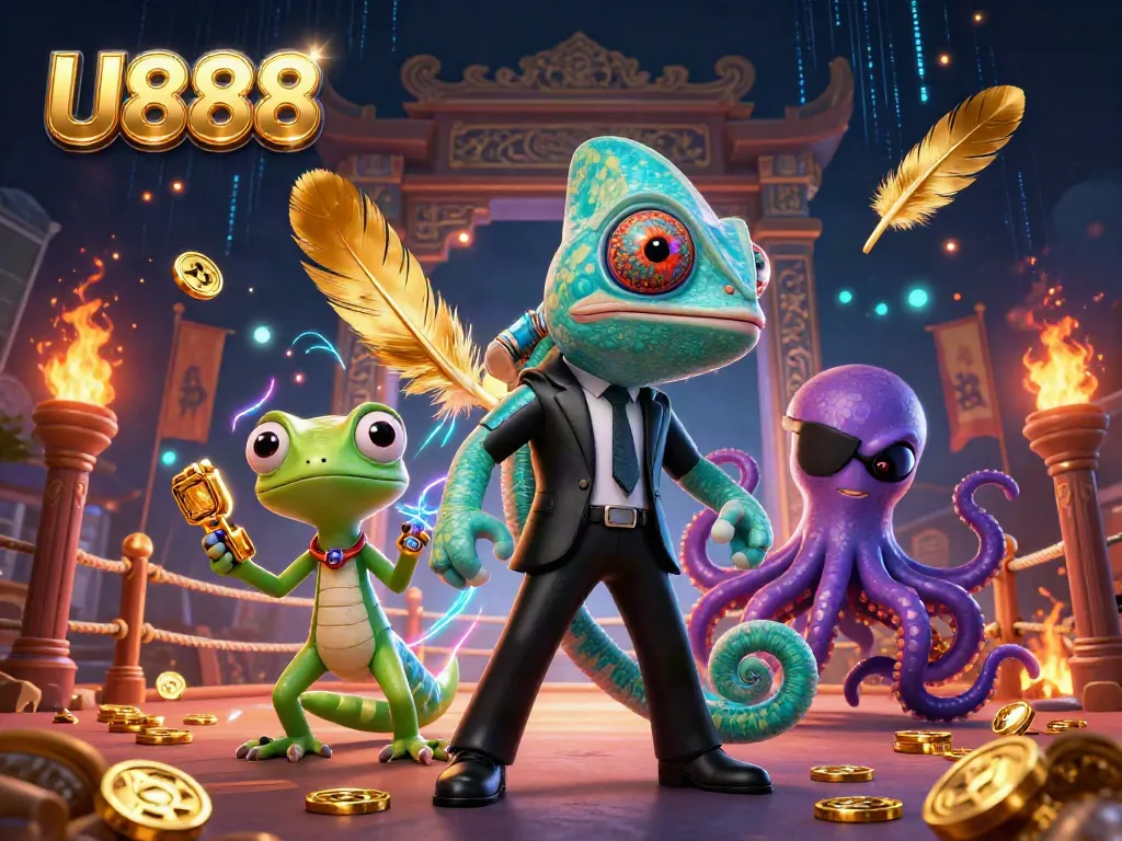 Engage with U888's thrilling casino action featuring a colorful secret agent chameleon, a gadget-filled gecko, and a crafty octopus.