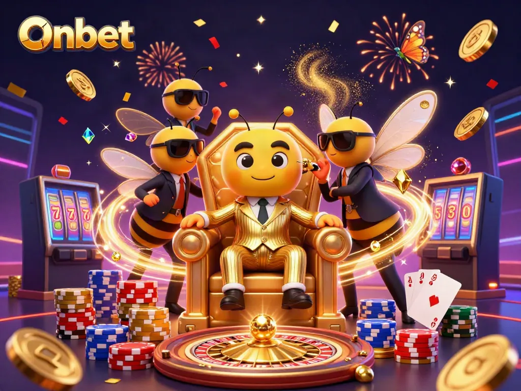 Experience thrilling gaming with Onbet's vibrant casino scene featuring a bumblebee mob boss and exciting games.