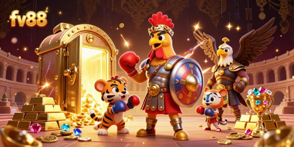 Engage with the thrilling experience of fv88, featuring dynamic casino characters surrounded by treasures.