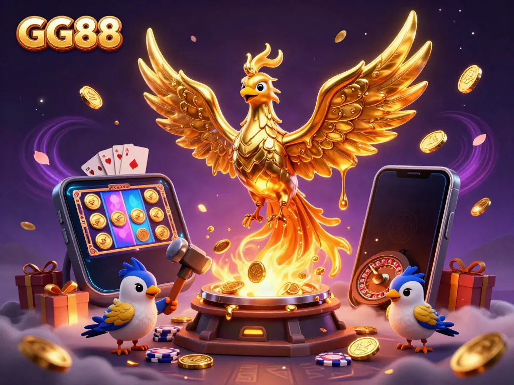 Experience the thrilling casino world with GG88, featuring a golden phoenix, vibrant games, and rich symbols.