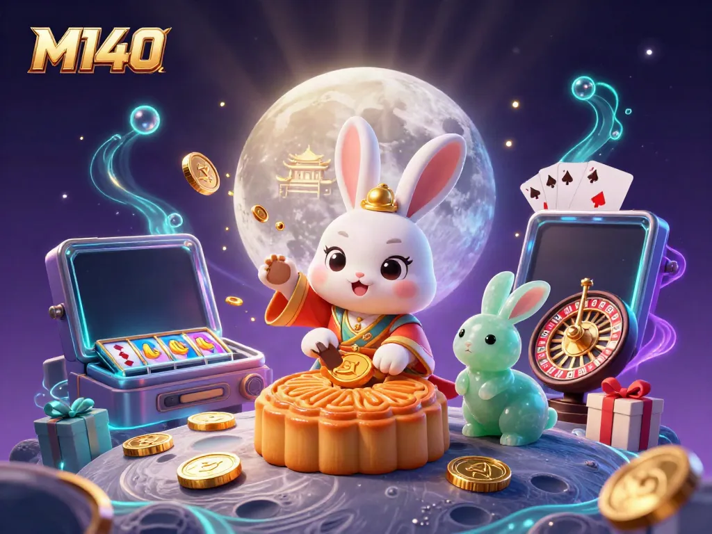 Engage in the thrilling world of M140 as the moon rabbit reveals poker chips from mooncakes amidst vibrant casino elements.