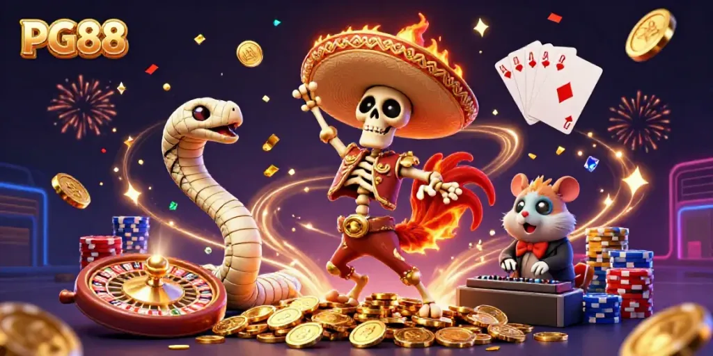 Experience PG88's thrilling casino atmosphere with a vibrant 3D illustration showcasing festive characters and dynamic gaming elements.
