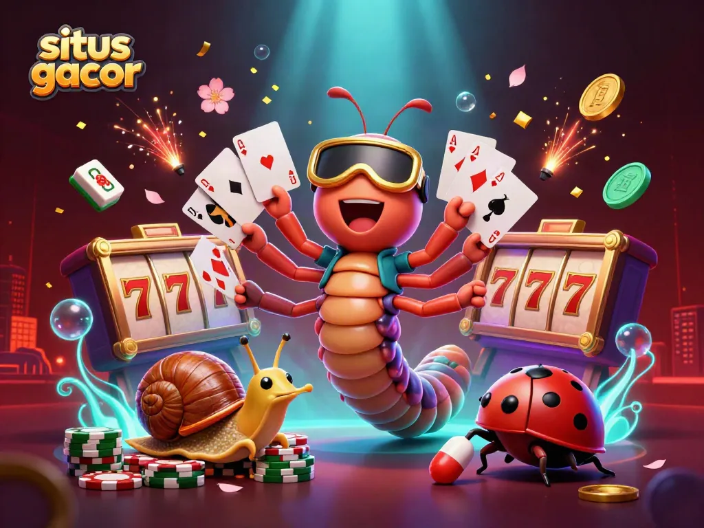 Situs gacor 3D casino illustration featuring a cartoon millipede dealer, a snail high-roller, and a pill bug with exciting gaming elements.