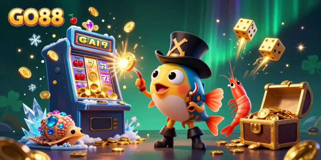 Experience the exciting world of GO88 with a vibrant 3D scene featuring anglerfish, shrimp, and treasure-filled sea snail amid casino games and golden winnings.