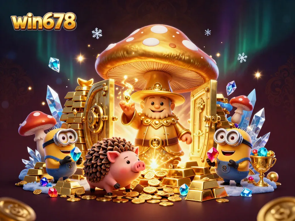 Experience the magic of win678 with a vibrant scene depicting a golden mushroom wizard and treasures galore!