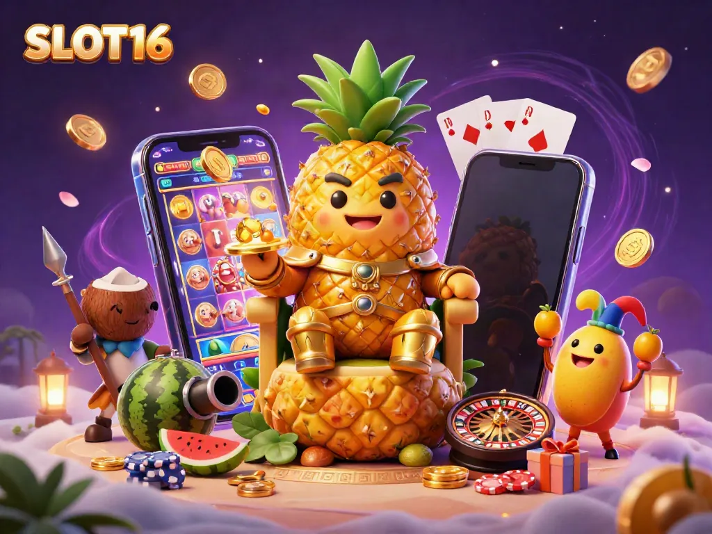 SLOT16 showcases a whimsical casino scene with a pineapple king and game elements on a vibrant beach.