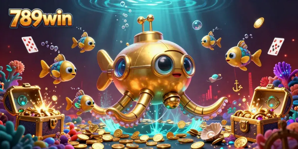 Engage in thrilling casino adventures with 789win's 3D kraken submarine and mechanical fish, surrounded by treasure and casino elements.