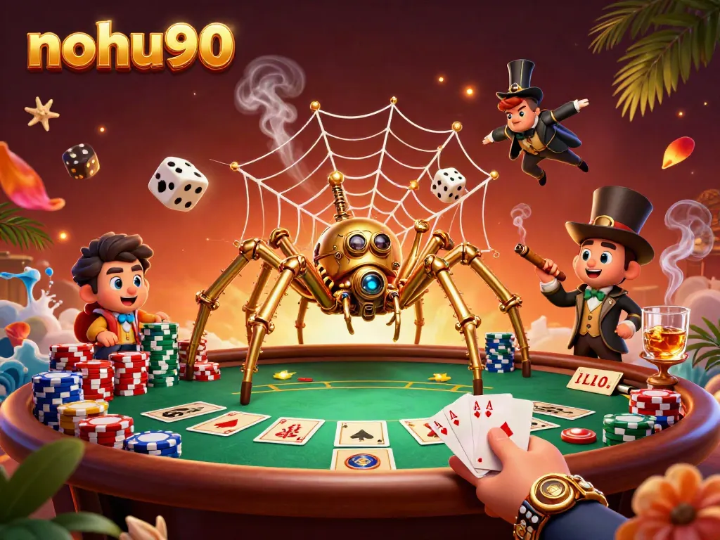 Nohu90 captures an engaging steampunk poker scene with a golden spider, dice, and poker chips.
