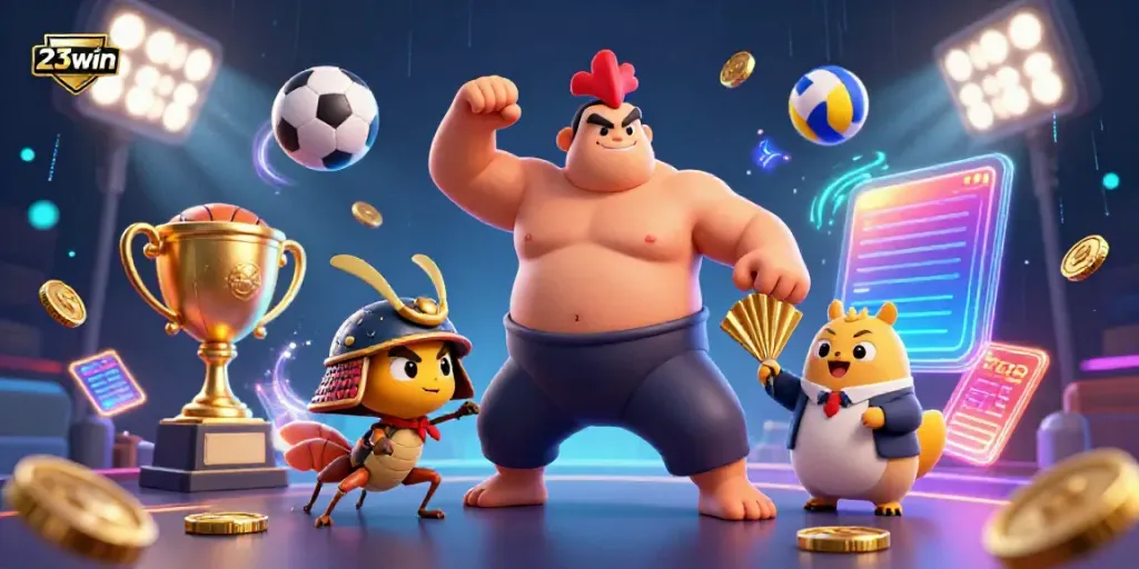 Experience thrilling sports action with 23win's dynamic casino elements, featuring a sumo wrestler and cricket.