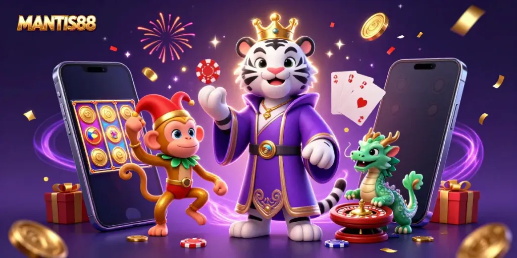 MANTIS88 captivates players with a dynamic scene of fun and winnings featuring a lively tiger, monkey, and dragon amidst gaming excitement.