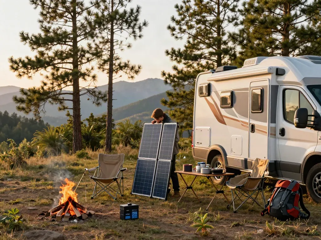 Person setting up a campsite with lithium RV batteries and solar panels, surrounded by nature.