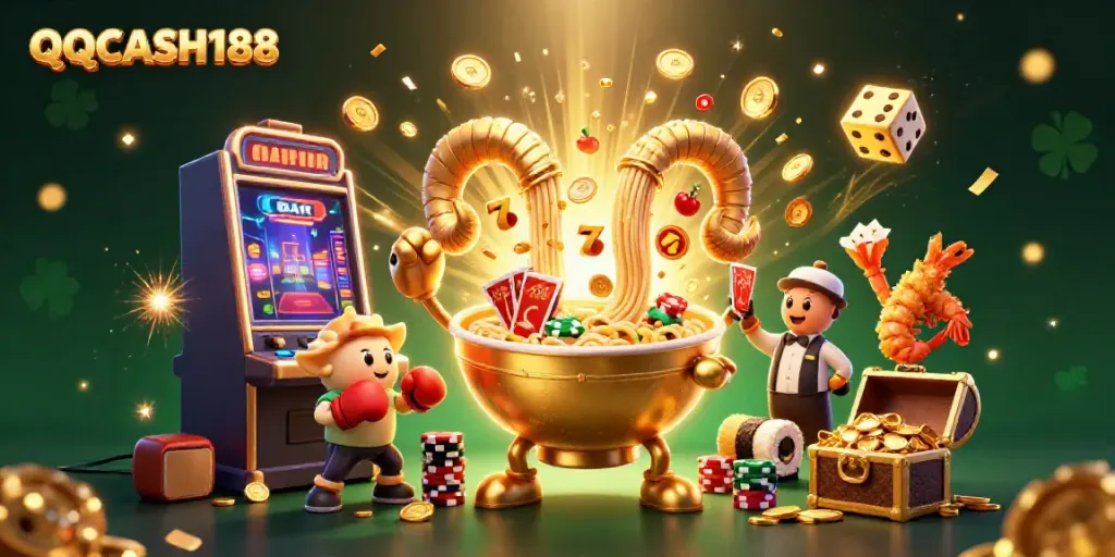 Experience QQCASH188 excitement with a 3D digital illustration featuring vibrant casino characters and action-packed elements.