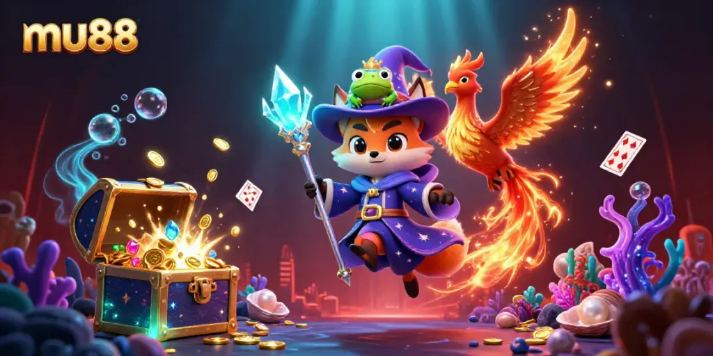 Join the excitement at mu88 with a vibrant 3D scene of a mystical fox wizard and phoenix, surrounded by rich gaming symbols.