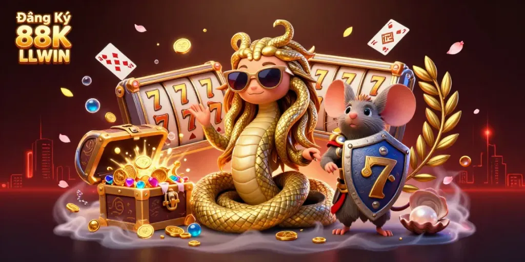 Engage with Đăng Ký 88K LLWIN as Medusa and a warrior mouse explore exciting casino game elements.