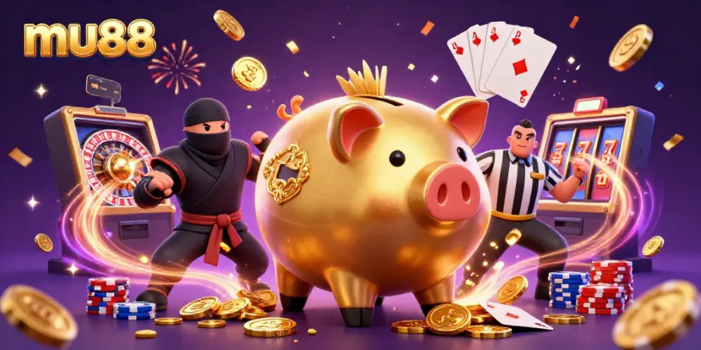 Experience the thrill at mu88 with golden coins cascading from a sumo wrestler in an exciting casino scene.