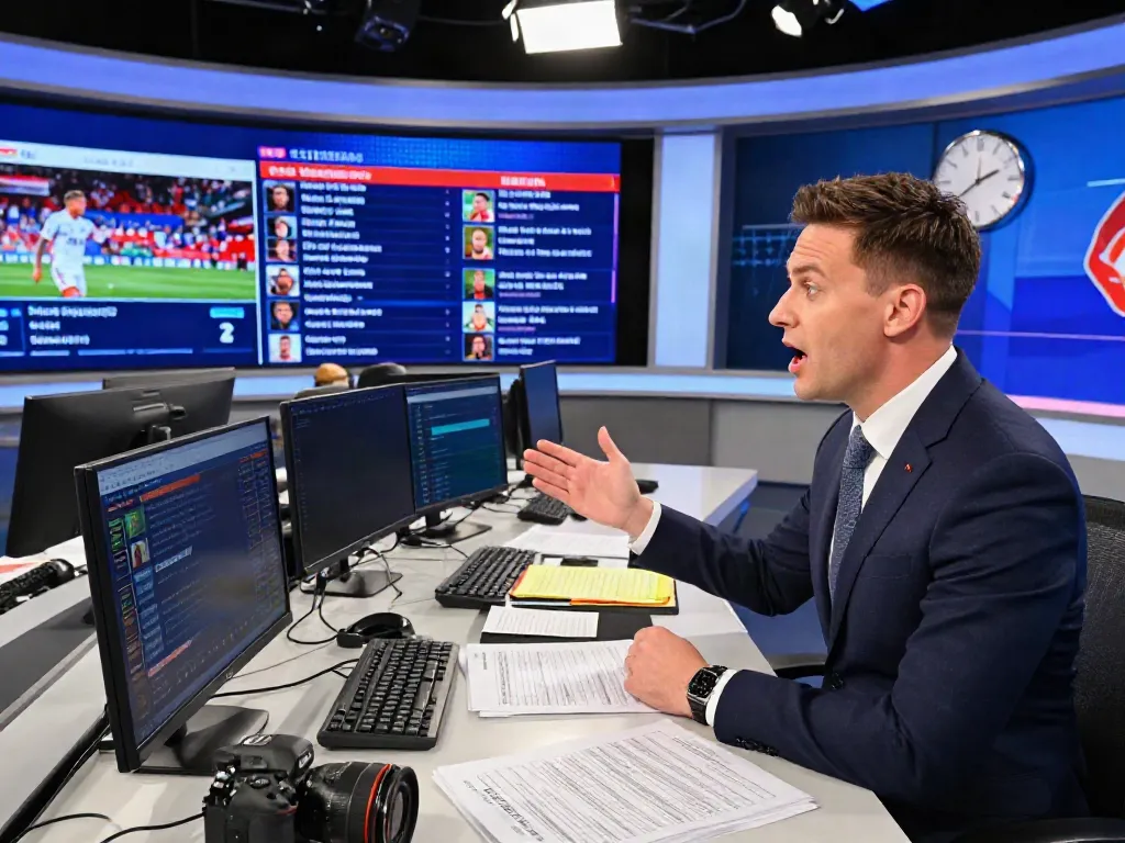 Exciting football transfer news scene highlighting a sports journalist reporting on ข่าวกีฬาฟุตบอล in a bustling newsroom.