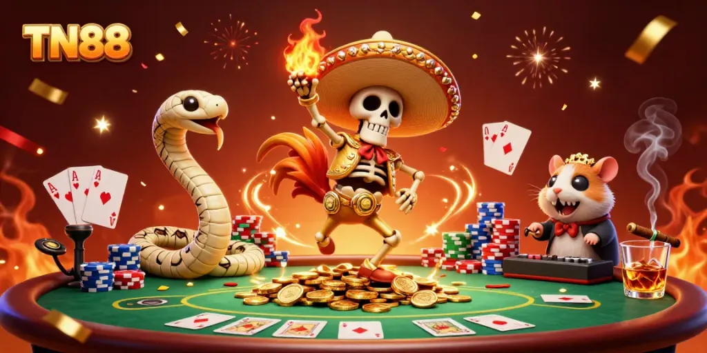 Experience thrilling TN88 action with a skeleton mariachi, snake, and DJ in a vibrant casino scene