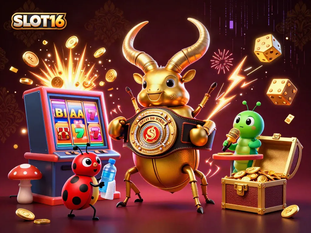Engage with SLOT16's thrilling slot experience amidst vibrant casino elements.