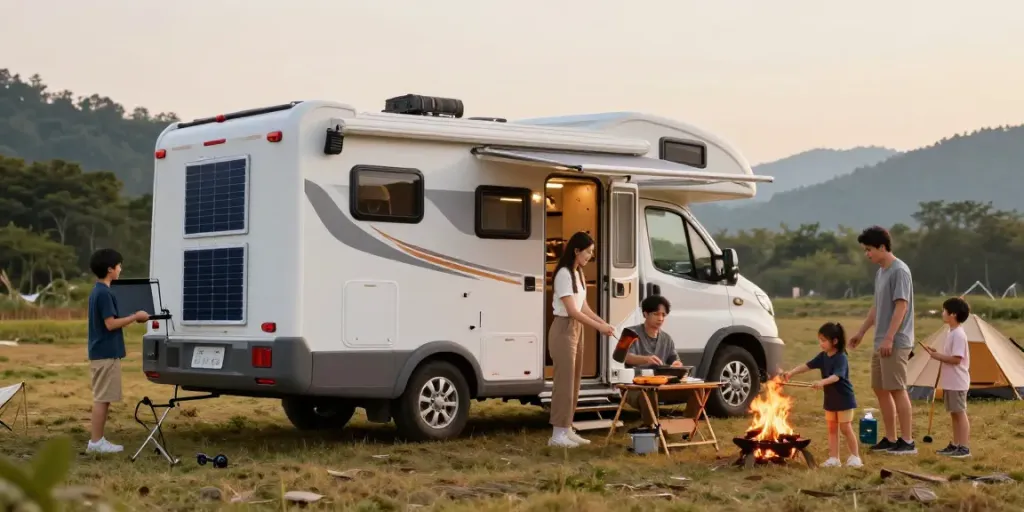 Family camping with 12V batteries powering RV appliances in scenic outdoor setting