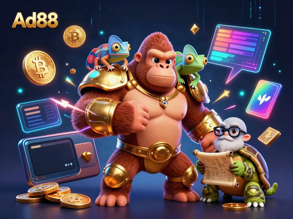 Witness Ad88's powerful casino experience with a cartoon gorilla king and vibrant gaming elements.