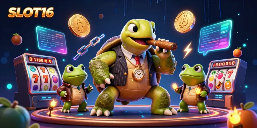 SLOT16 showcases a cartoon turtle in a vintage suit surrounded by jackpot and crypto symbols.