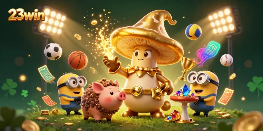Experience the magic of winning at 23win with a golden mushroom wizard amidst dynamic sports elements.
