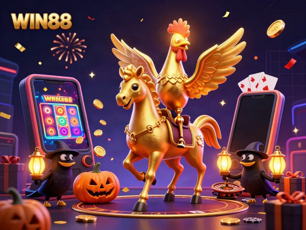 Experience thrilling gameplay with WIN88 in a dynamic midnight casino scene alive with golden elements.