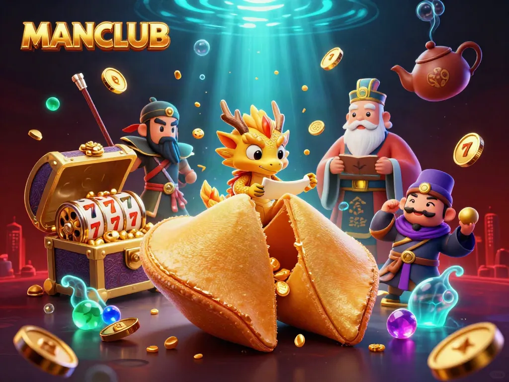 Experience fortune at MANCLUB with a golden cookie and dynamic slot reels in a vibrant casino scene.