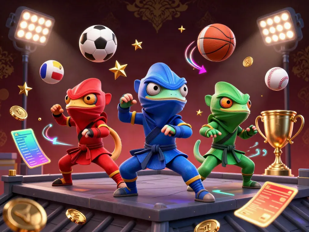 Engage in thrilling casino action with AD88's vibrant, dynamic gaming illustration featuring chameleon ninjas and sports elements.