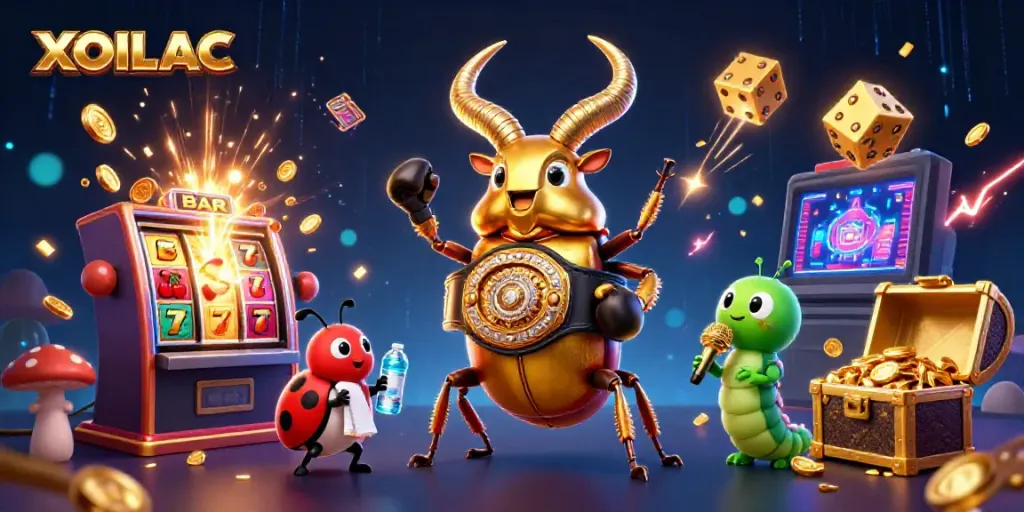 Experience excitement with a golden stag beetle showcasing XOILAC in a vibrant casino scene.