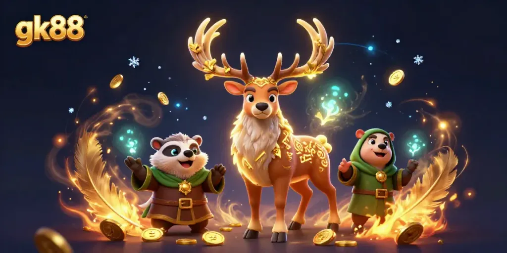Experience the thrill of gk88 with a vibrant 3D illustration of a Celtic stag and wise badger amidst a dynamic casino atmosphere.