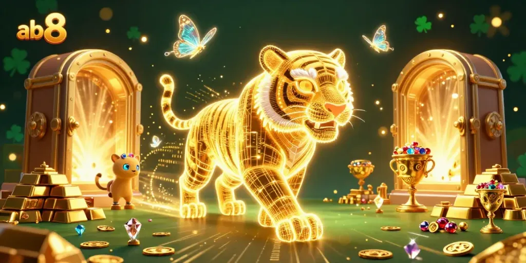 Spin the reels in a vibrant casino scene featuring abc8, with a golden tiger and treasures.