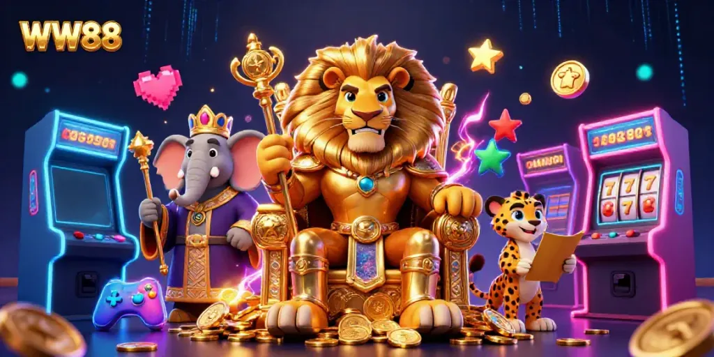 Experience the thrill of WW88 casino with a colorful, dynamic 3D illustration featuring gaming elements and majestic characters.