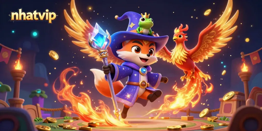 Nhatvip offers an exciting gaming experience with a wizard fox, phoenix, and golden gaming elements.