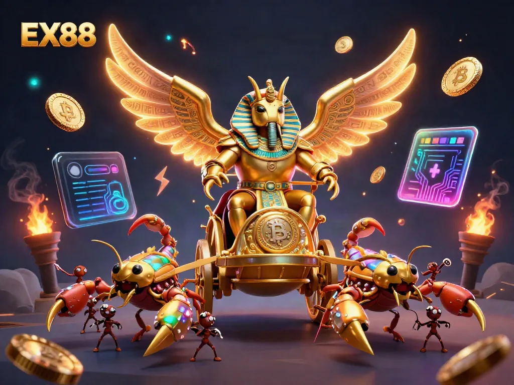 Experience thrilling casino action with EX88, featuring a pharaoh beetle character and vibrant game elements.