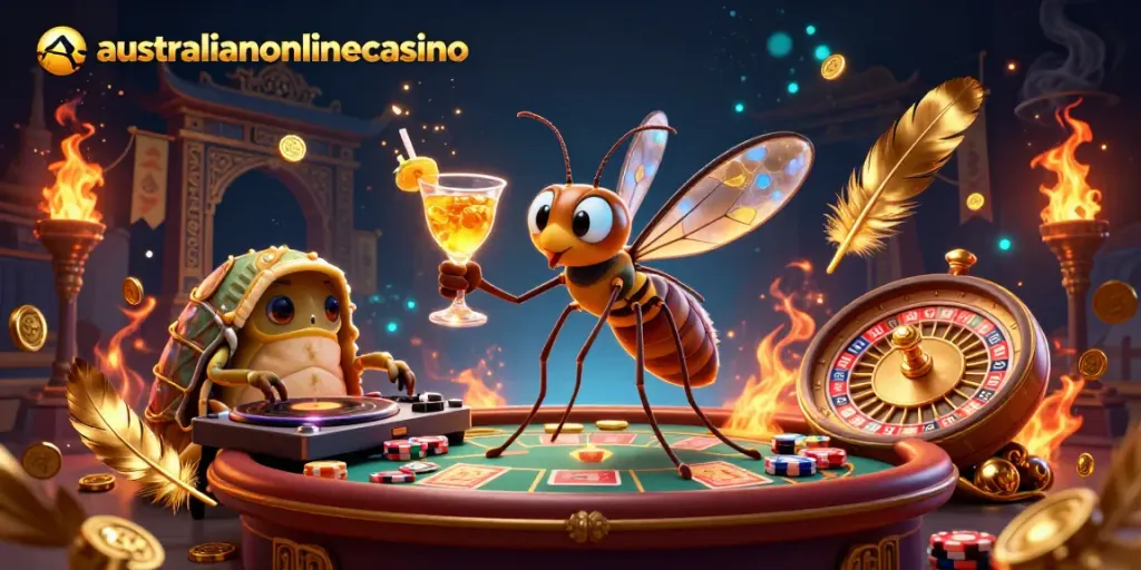A colorful scene showcasing australianonlinecasino with a frozen mosquito mascot, trilobite DJ, and golden roulette wheel.