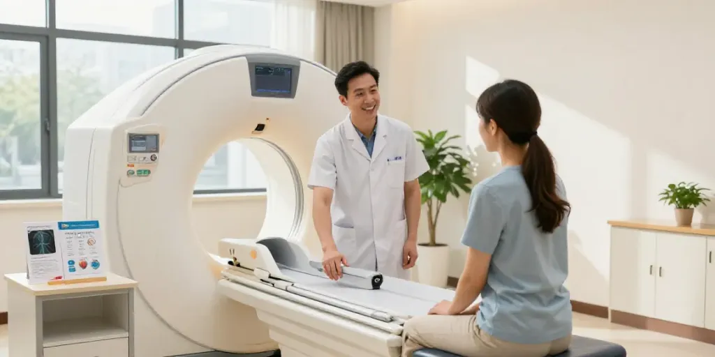 Diagnostikzentrum Wolfsburg: freundlicher Radiologietechniker erklärt CT-Untersuchung in hellem Behandlungsraum.
