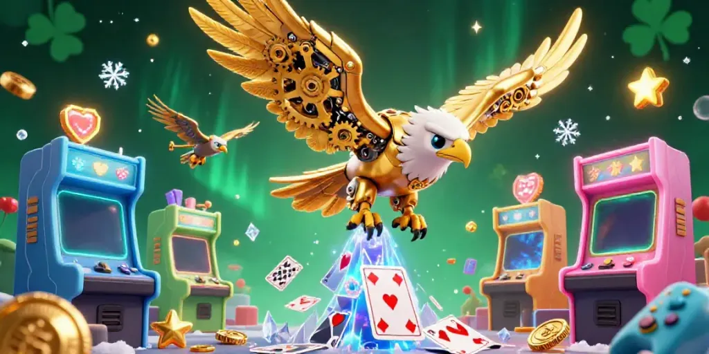 Experience thrilling moments with xoilac's 3D digital illustration of a diving golden eagle amid casino excitement.