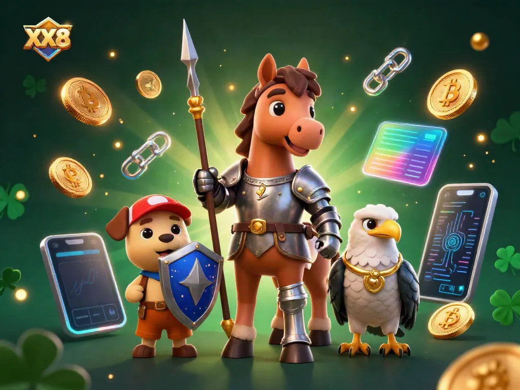 Experience casino thrills with XX8, featuring medieval knights and digital treasures in a vibrant scene.