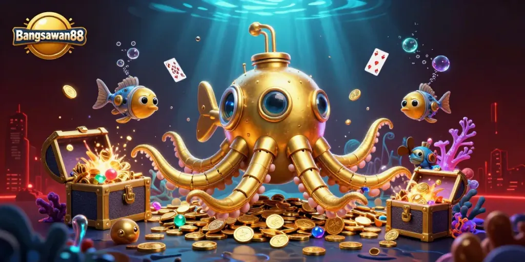 Bangsawan88 engages players with vibrant 3D casino visuals featuring treasures and gaming elements.