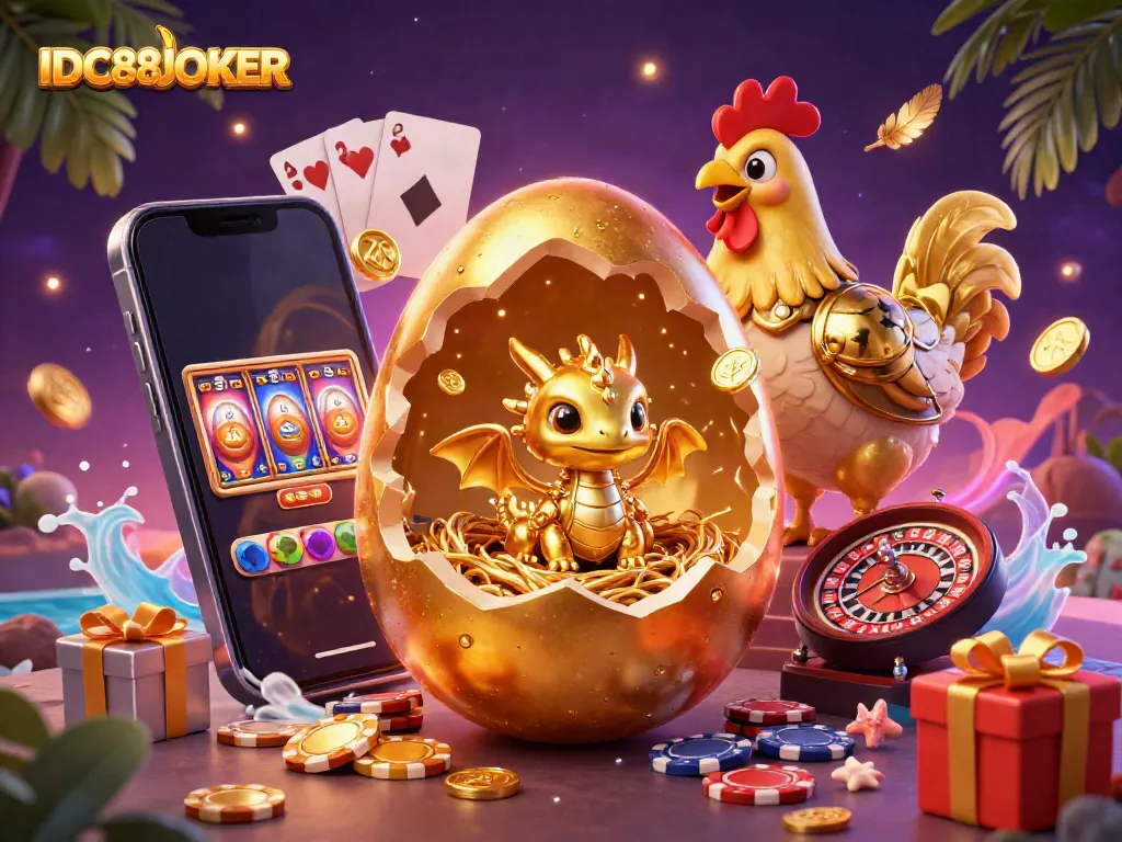Engaging 3D illustration of IDC88JOKER with a golden dragon and casino elements amid colorful slot games and poker chips.