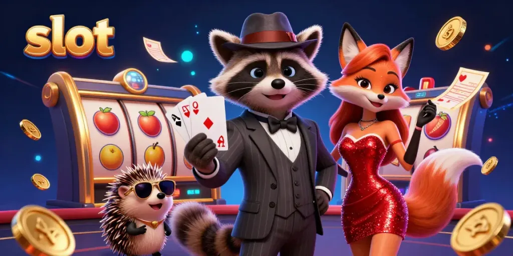 Experience thrilling slot action with raccoon, fox, and hedgehog characters in a vibrant casino.